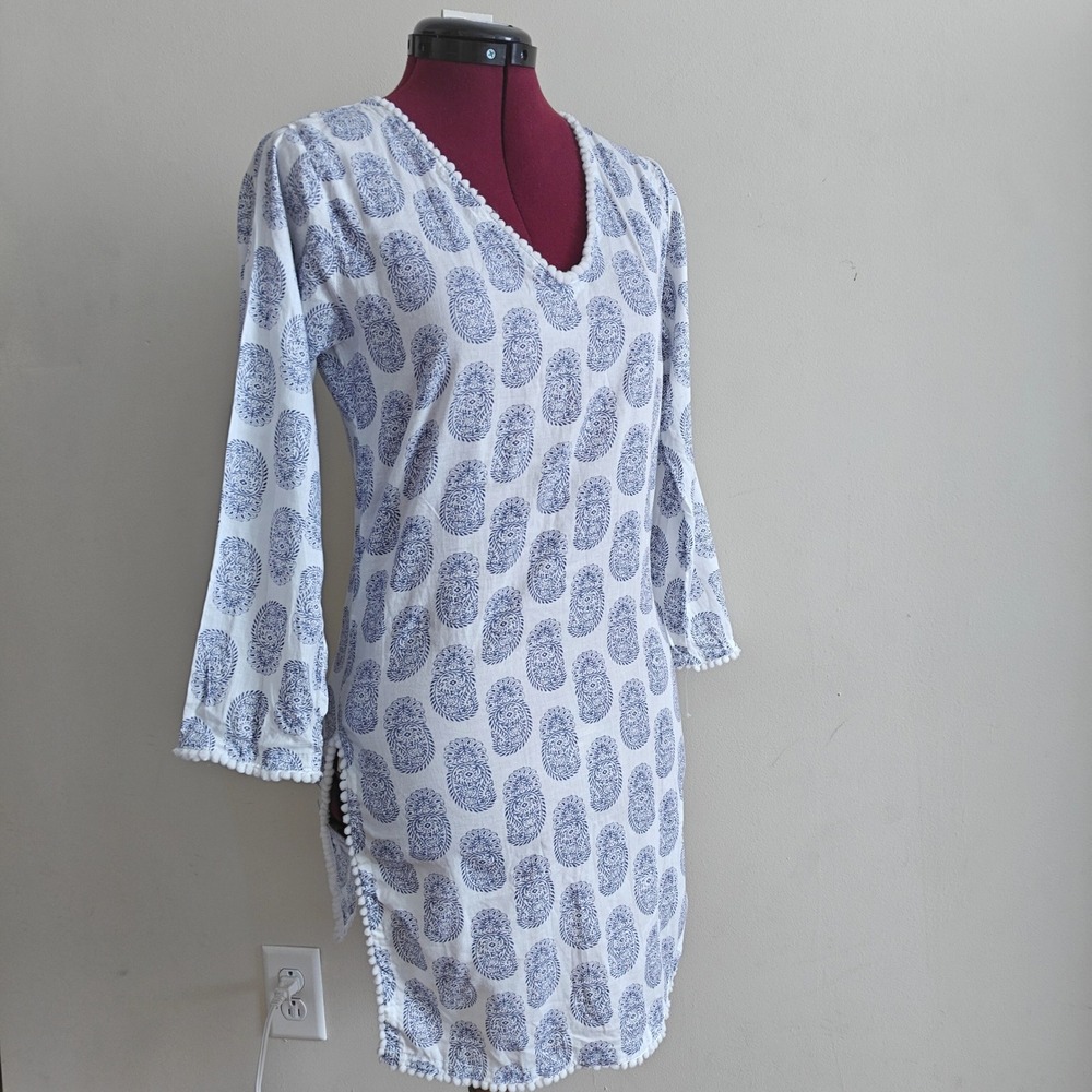 French Curve Organic Cotton Paisley Tunic Top Blue White Pom Pom Trim Small